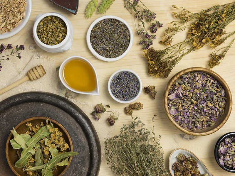 flat lay natural medicinal spices herbs